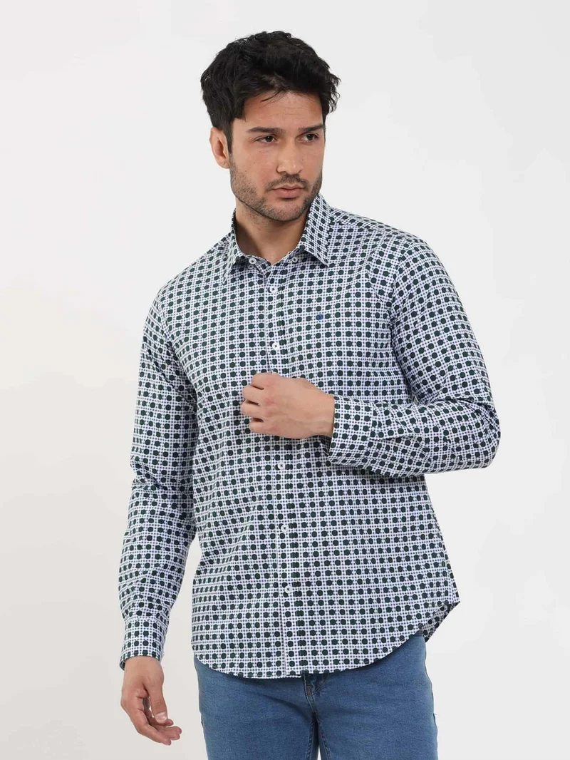 دوفي Green Men's Slim Fit Polka Dot Brent Button Collar Long Sleeve Shirt - 104339