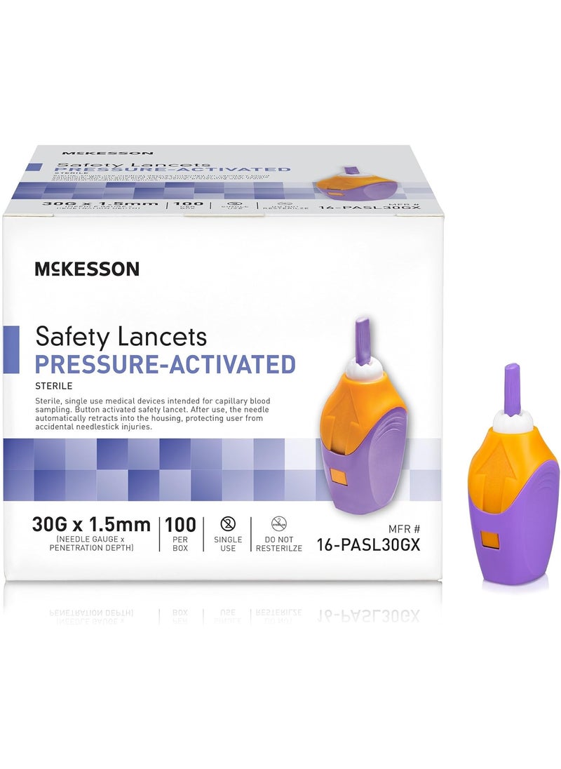 McKesson McKesson Safety Lancet, Retractable, Pressure-Activated Finger Device, Sterile - Ideal for Blood Testing - Single Use, 30 Gauge, 1.5mm Depth, 100 Count, 1 Pack 