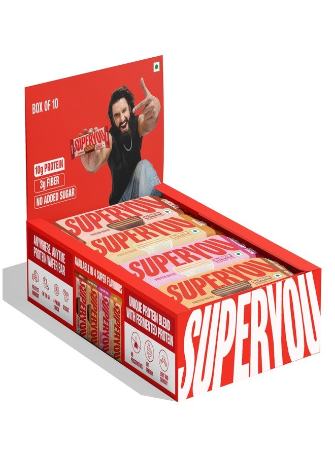 SuperYou Assorted Protein Wafer Bars (Pack of 10)|10g Protein, 3g Fiber, No Added Sugar|Yeast Fermented Protein|Energy Bars|Crunchy Wafer Bar|100% Vegetarian|No Palm Oil|400g - Image 1