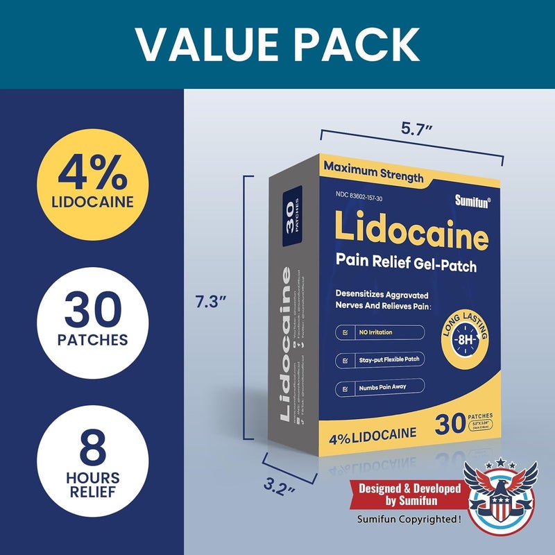 Sumifun لصقات تخفيف الألم سومي فون 4 ليدوكائين 30 قطعة أقصى قوة جل مخدر للظهر والركبة والرقبة وآلام المفاصل وآلام العضلات مسكن موضعي مؤهل لـ FSA أو HSA - Image 5