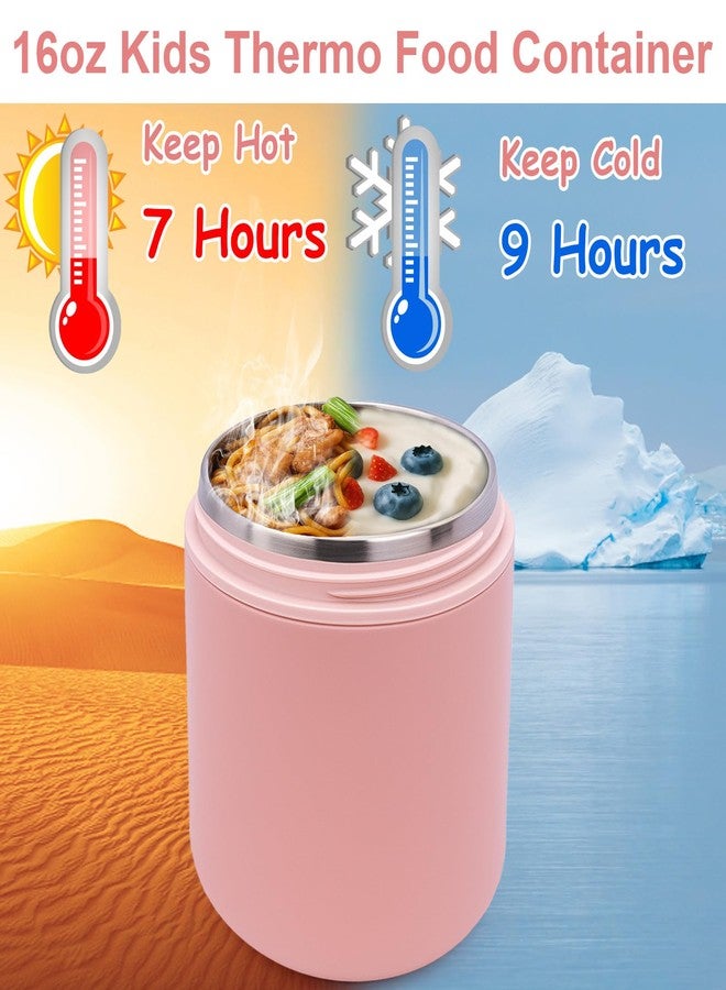 Juome 16oz Kids Thermo for Hot Food - Insulated Vacuum Food Jar Container, Wide Mouth Stainless Steel Soup Thermo Lunch Box for Kids with Spoon, Leakproof (Pink) - Image 3