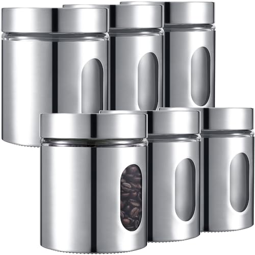 WRINGO Steel Cover Window Clear Glass Jars for Kitchen Storage Food Spices Canister with Airtight Lid Container Organizer, Tea Coffee & Sugar (Silver - 600ML, Set of 6) - Image 1