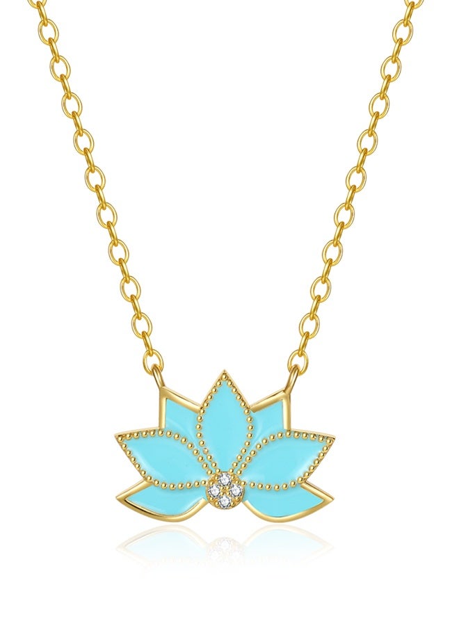 Moonmory Original Design 925 Sterling Silver Turquoise Enamel Flower Pendant Necklace with White Cubic Zirconia, 18K Gold Plated Dual Layer Plating, Adjustable 50cm Fashion Jewelry Gift for Ramadan Mother’s Day Valentine Back to School - Image 1