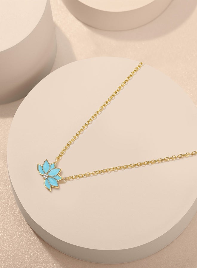 Moonmory Original Design 925 Sterling Silver Turquoise Enamel Flower Pendant Necklace with White Cubic Zirconia, 18K Gold Plated Dual Layer Plating, Adjustable 50cm Fashion Jewelry Gift for Ramadan Mother’s Day Valentine Back to School - Image 3