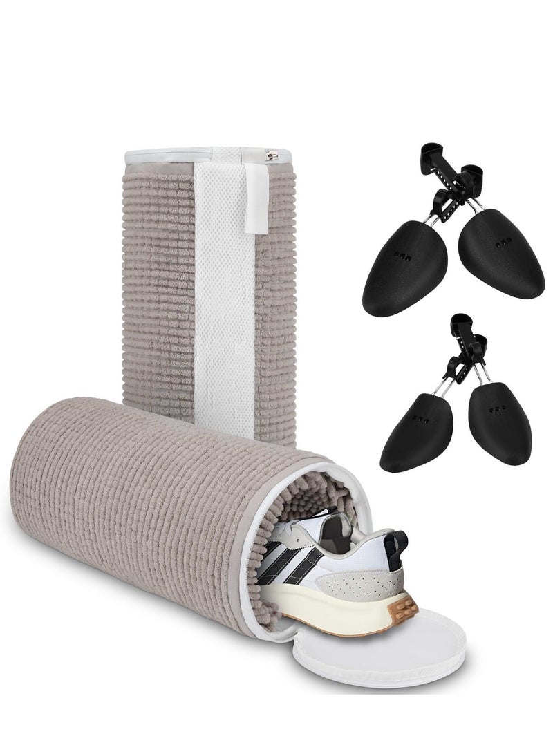 Shoe Washing Machine Bag, 2 Pairs Adjustable Shoe Trees, Inside 10000+ Fluffy Fibers Keep 360° Cleaning, Upgrade Durable Zipper, Reusable Shoe Laundry Bag for any Machine Washable Shoes (Grey) - Image 1