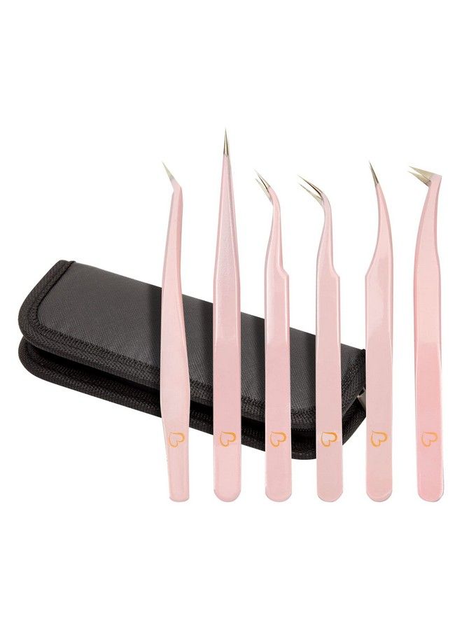 Okuna Outpost 6Piece Precision Tweezer Set For Eyelash Extensions With Storage Case (Light Pink) - Image 1