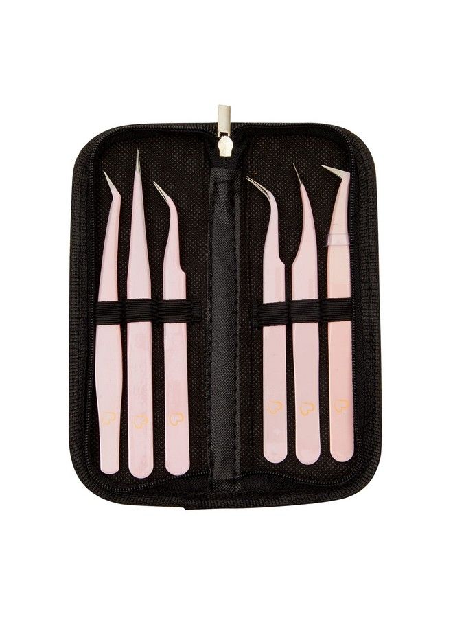Okuna Outpost 6Piece Precision Tweezer Set For Eyelash Extensions With Storage Case (Light Pink) - Image 4