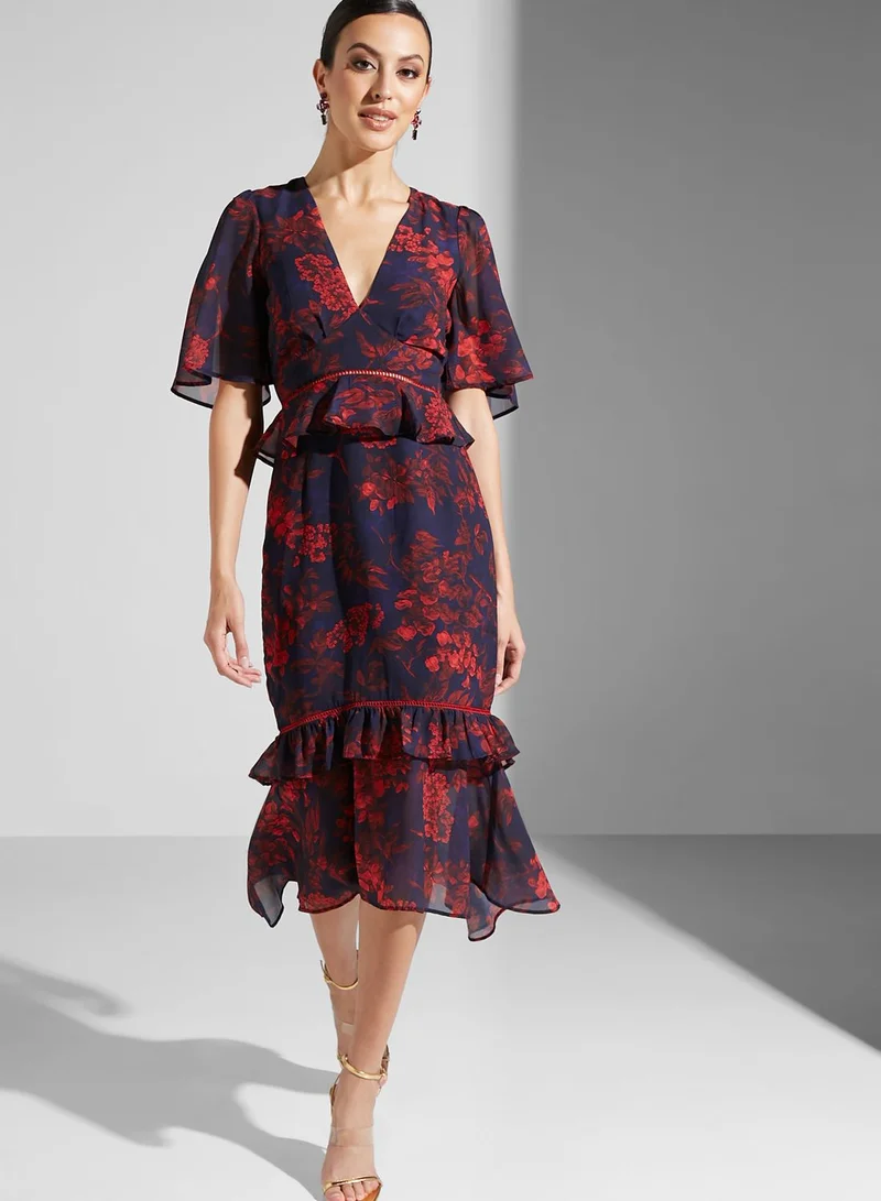 Hope & Ivy Plunge Neck Ruffle Detail Floral Print Dress