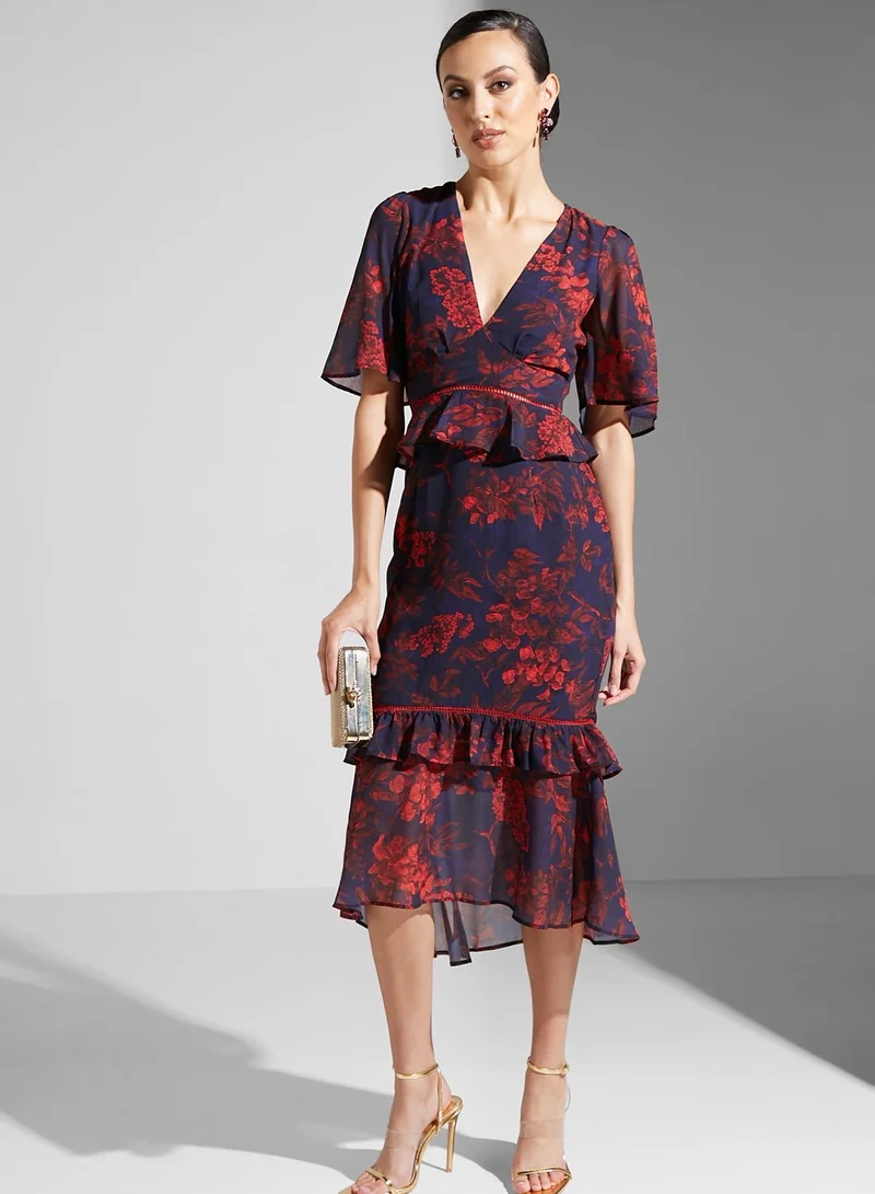Hope & Ivy Plunge Neck Ruffle Detail Floral Print Dress