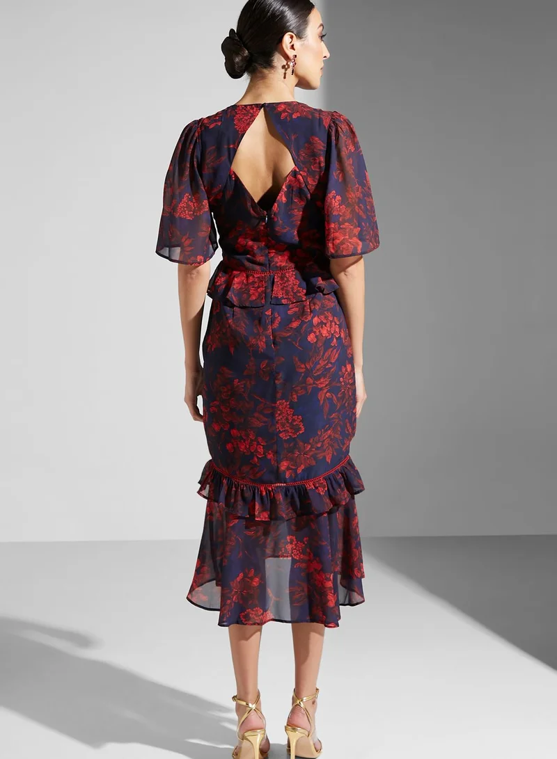 Hope & Ivy Plunge Neck Ruffle Detail Floral Print Dress