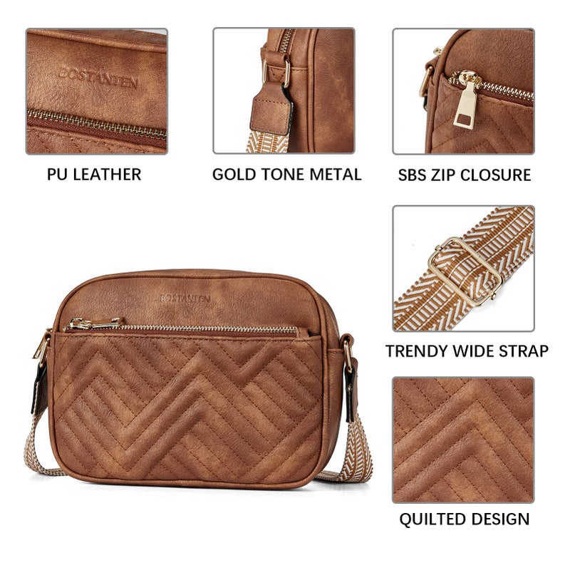 BOSTANTEN Quilted Crossbody Bags for Women Vegan Leather Purses Small Shoulder Handbags with Wide Strap Brown - Image 4