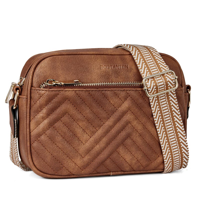 BOSTANTEN Quilted Crossbody Bags for Women Vegan Leather Purses Small Shoulder Handbags with Wide Strap Brown - Image 1
