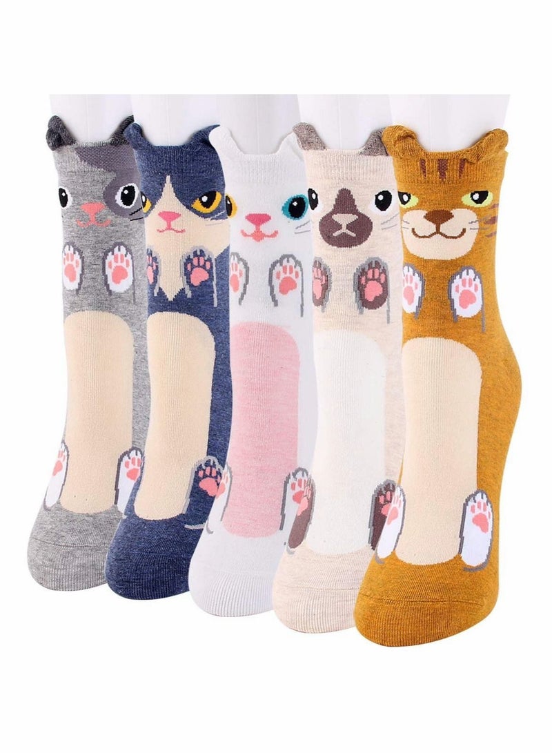 5 Pairs Womens Animal Funny Socks, Cute Cat Dog Cotton Socks for Ladies - Image 1