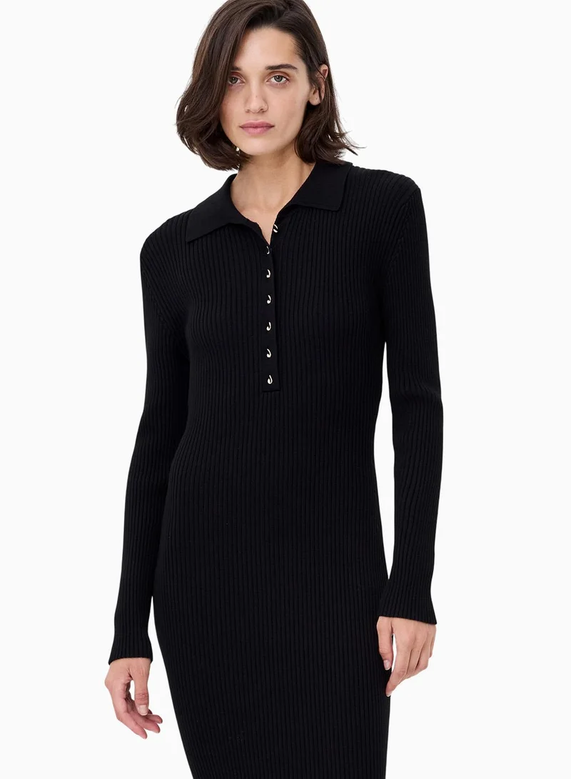 French Connection black Mari Long Sleeve Collared Midi Dress for Women | Best Price UAE
