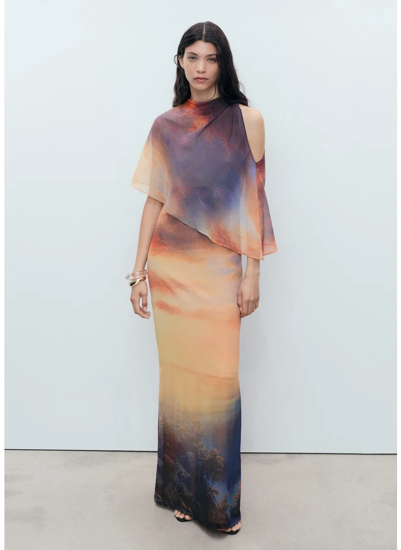 مانجو Printed Dress With Asymmetrical Layer