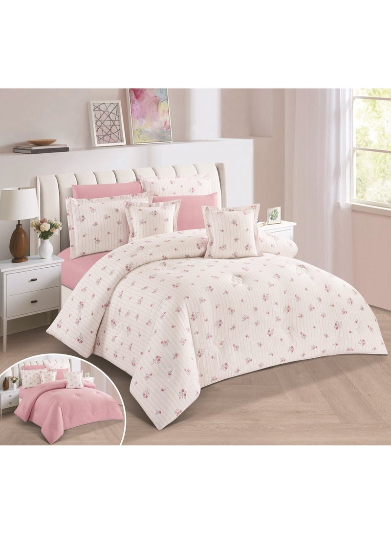 King Size Comforter Set, Soft and Comfortable, 6 Pieces, Double Sided, Floral Side and Plain Side, 250 x 230