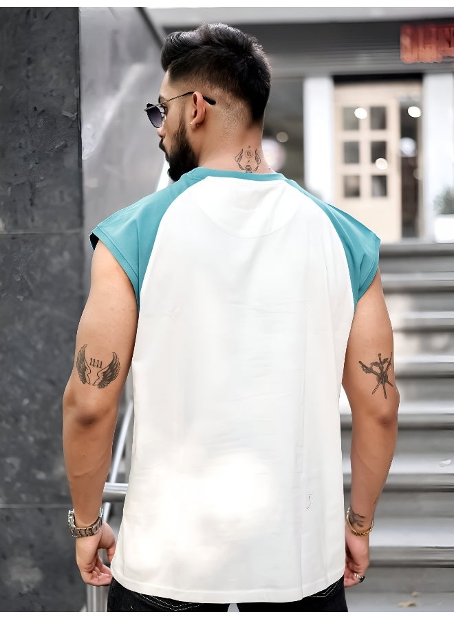 Maniac Mens Printed Round Neck Raglan Sleeveless White and Teal Blue Cotton T-Shirt - Image 3