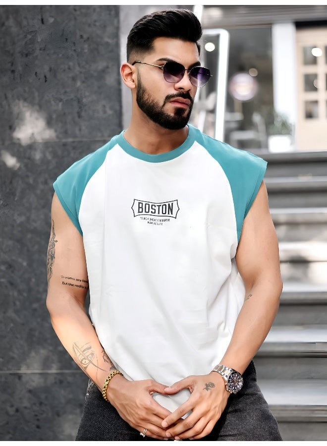 Maniac Mens Printed Round Neck Raglan Sleeveless White and Teal Blue Cotton T-Shirt - Image 1