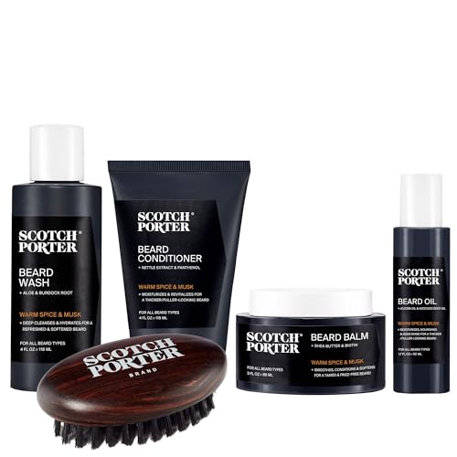 Scotch Porter Beard Care Kit â€“ Cleanse, Moisturize, Soothe & Style Coarse, Dry Hair while Encouraging Growth for a Fuller/Healthier-Looking Beard â€“ Includes Wash, Conditioner, Oil, Balm & Brush - Image 1