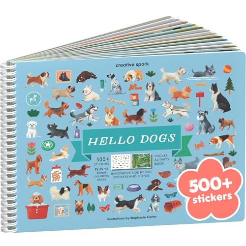 CUPKIN Hello Dogs 500 Kids Sticker Book by Cupkin Toddler Airplane Travel Activity Coloring and Sticker Book Road Trip Essentials 12 Coloring Pages 12 Scenes for Ages 28 Years - Image 1
