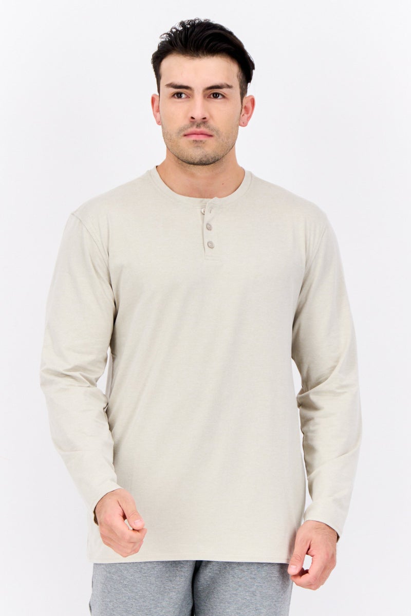 Beause تي شيرت هينلي للرجال بأكمام طويلة ورقبة هينلي، بيج - Image 1