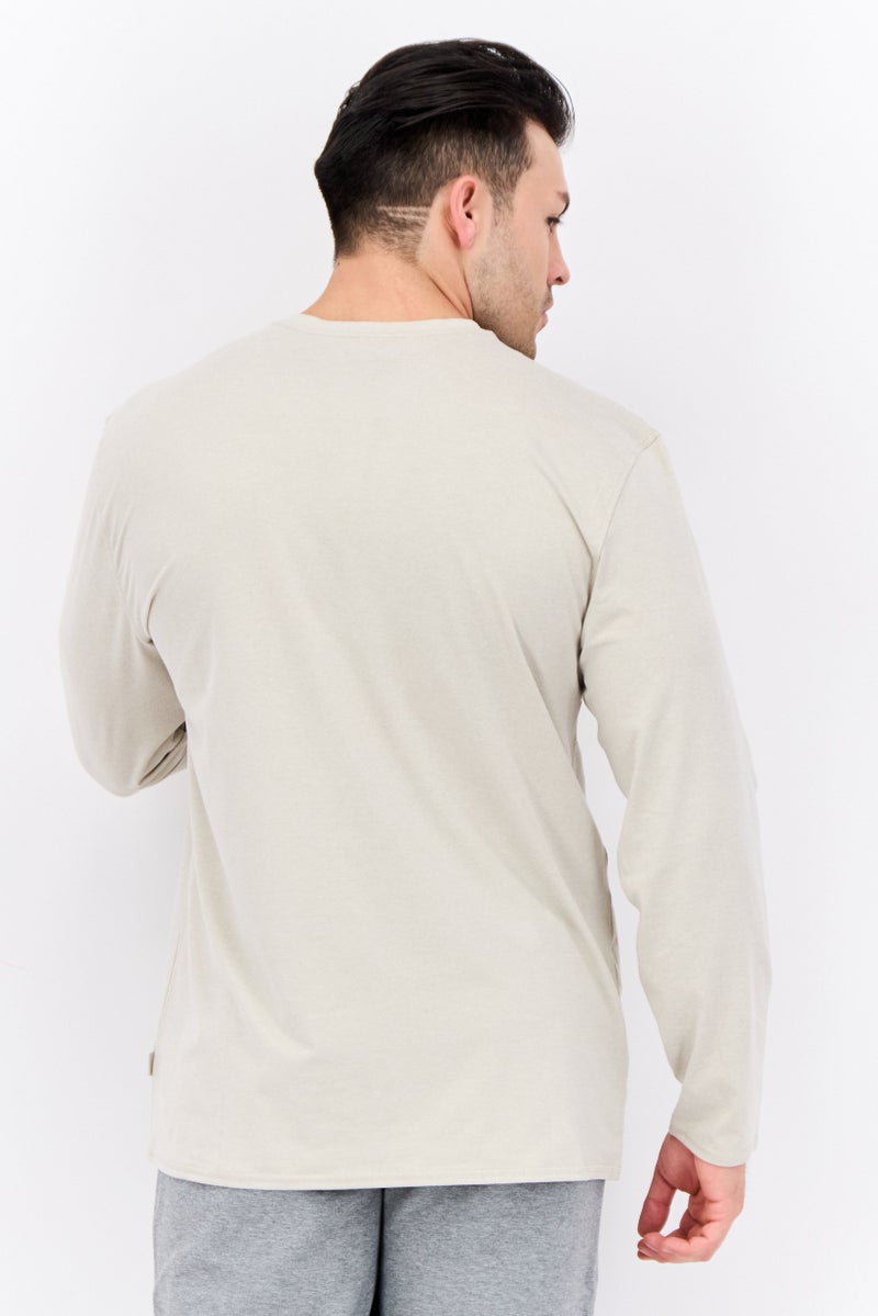 Beause تي شيرت هينلي للرجال بأكمام طويلة ورقبة هينلي، بيج - Image 3