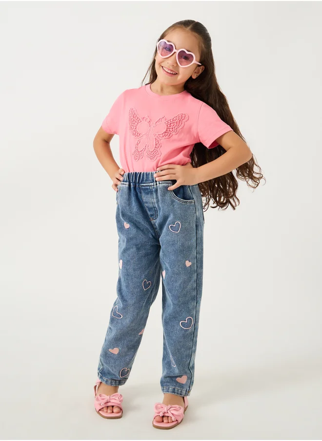 Styli Styli Embroidered Heart Elasticated Waistband Jeans