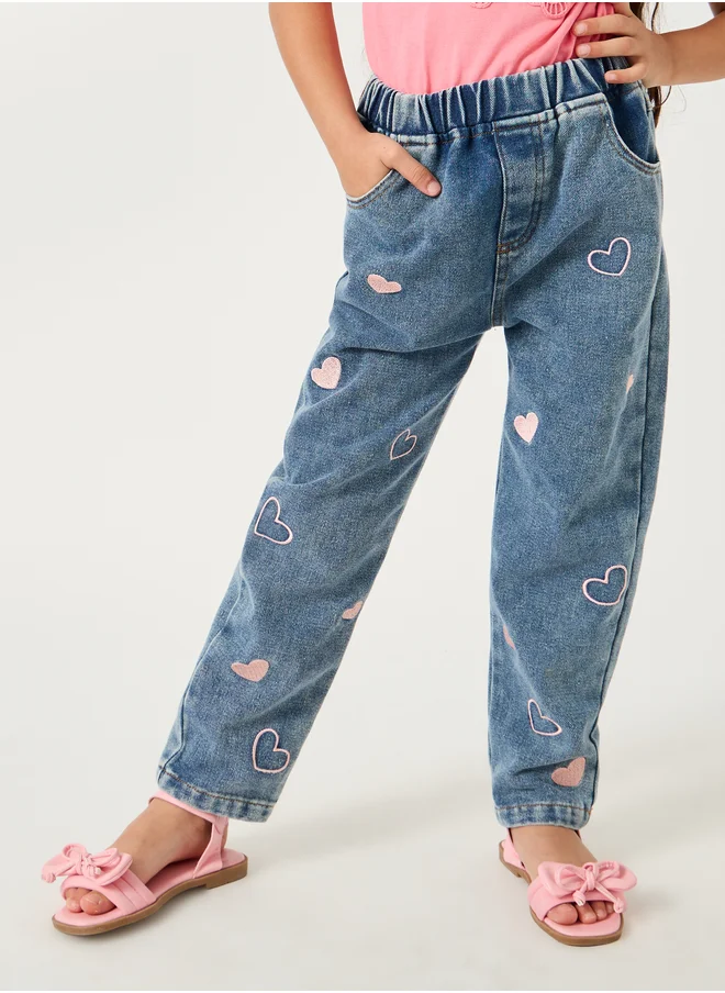 Styli Styli Embroidered Heart Elasticated Waistband Jeans