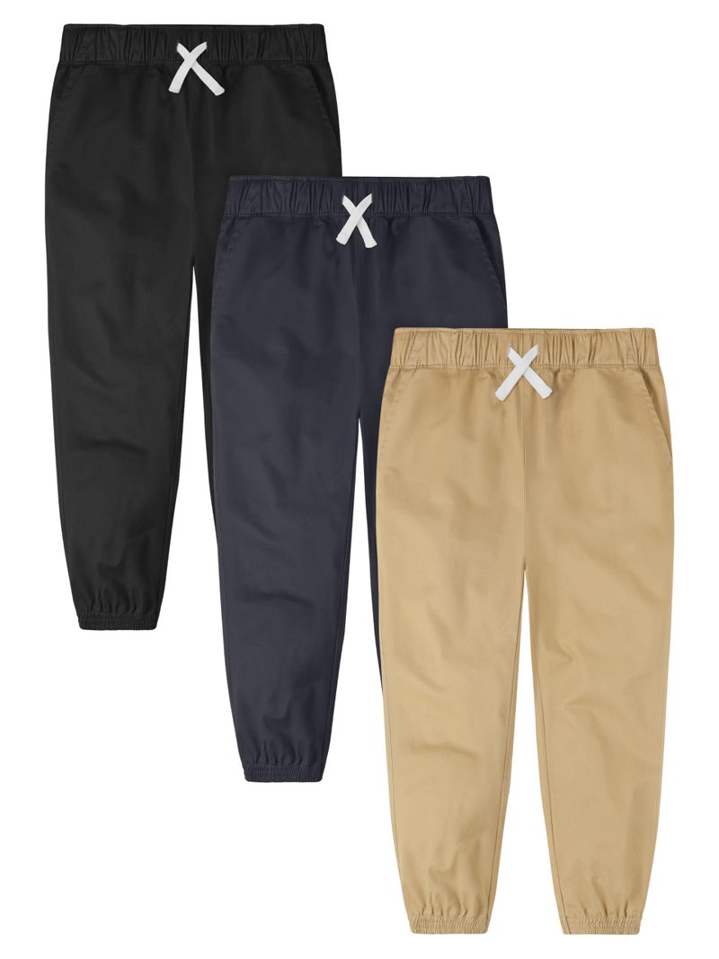Resinta 3 Pack Boys Stretch School Jogger Pants PullOn Twill Uniform Pants Stretch Chino Fabric with Elastic Waist for Kids
