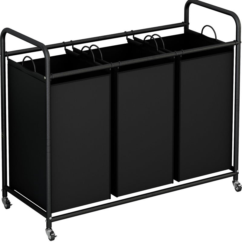 LINZINAR 3Bag Laundry Basket Hamper Laundry Sorter Cart laundry room organization with Heavy Duty Rolling Lockable Wheels and Removable Bags Black