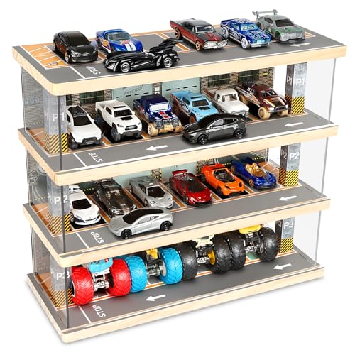 Saichotoy Storage for Hot Wheels Toy Car Parking Garage Diorama with Lights Freestanding Display Case for 164 Scale Diecast Cars with 4 Levels 24 Spots Maximum 40 Cars - Image 1