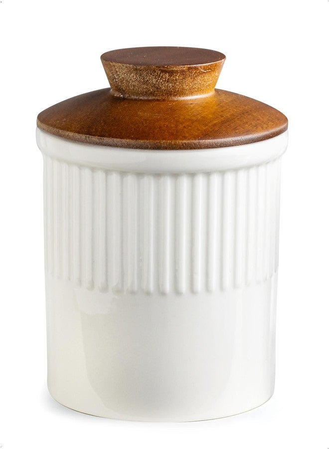 YHOJOY Ceramic Butter Crock, Butter Dish with Lid for Countertop, French Butter Keeper, Classic Stripe Pattern, White - Image 1