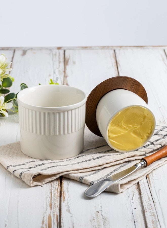 YHOJOY Ceramic Butter Crock, Butter Dish with Lid for Countertop, French Butter Keeper, Classic Stripe Pattern, White - Image 4