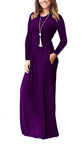 AUSELILY Women's Long Sleeve Dress Loose Plain Long Casual Maxi Dresses with Pockets 2025 New Purple M - Image 2