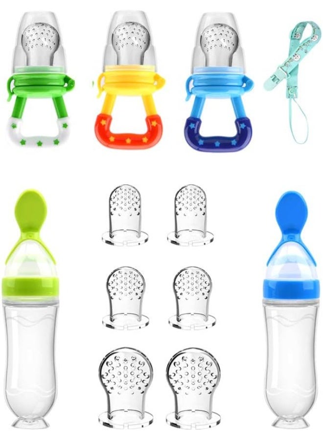 WAJIAYON Food Feeder Baby Fruit Pacifier (3 Pcs) with 6 Different Sized Silicone Pacifiers 2 PCS Dispensing Spoon 90ML Spoons Clip Infant Teething Toy -Blue - Image 1