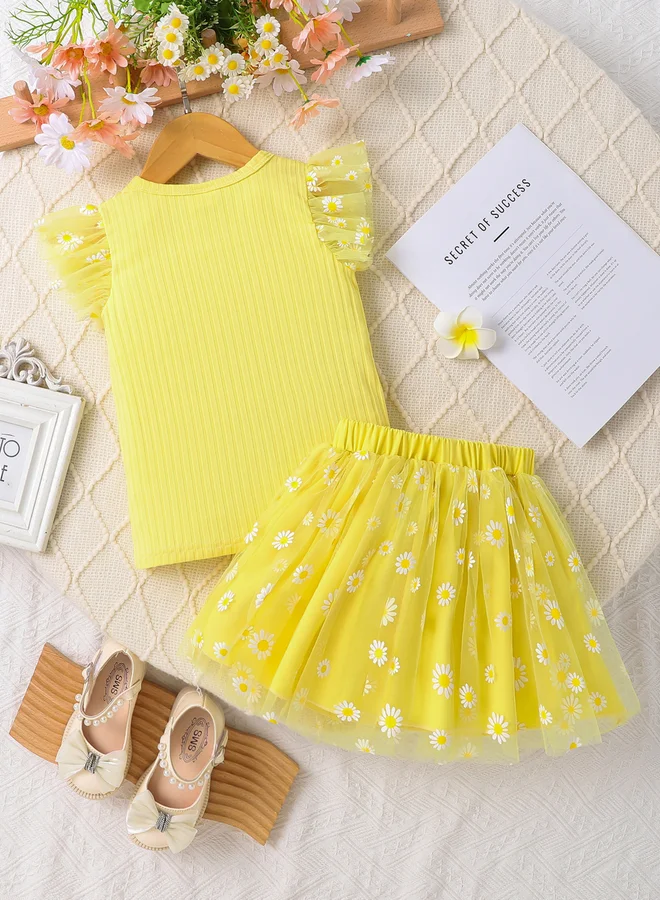 Take Two Girls Yellow Daisy Print Top and Skirt Set