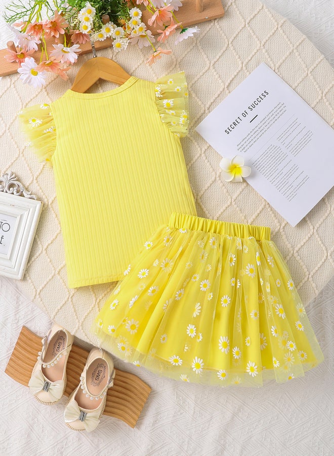 Take Two Girls Yellow Daisy Print Top And Skirt Set - Image 2