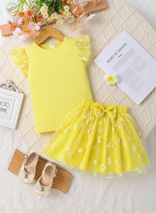 Take Two Girls Yellow Daisy Print Top and Skirt Set