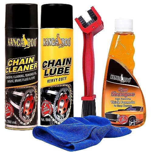 Kangaroo Chain Care Kit | Chain Lube Spray & Chain Cleaner (500ml Each) with Brush & Bike Shampoo (300ml) | Complete Maintenance Set for Motorcycles - Image 1