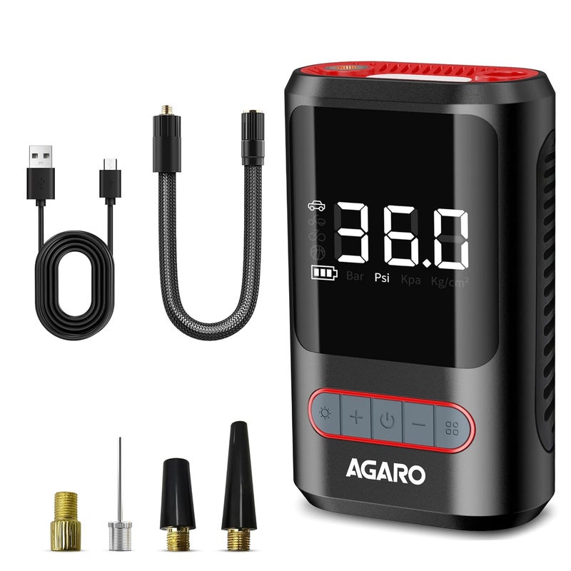 AGARO Galaxy New Portable Tyre Inflator for Cars & Bikes, Upto 150 PSI, 2X2000 mAh Battery, LED Flash Light, Rechargeable Type C Port, Digital Display, Multiple Nozzles - Image 1