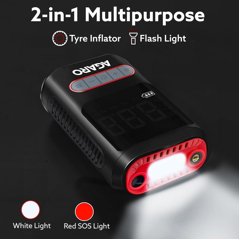 AGARO Galaxy New Portable Tyre Inflator for Cars & Bikes, Upto 150 PSI, 2X2000 mAh Battery, LED Flash Light, Rechargeable Type C Port, Digital Display, Multiple Nozzles - Image 2