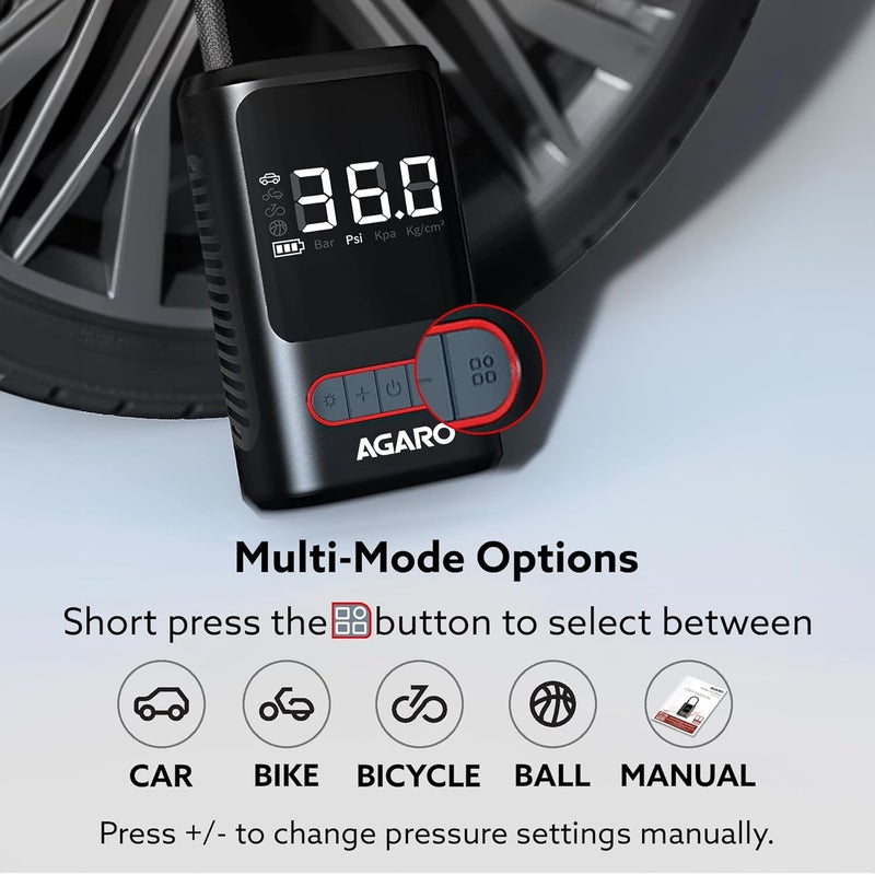AGARO Galaxy New Portable Tyre Inflator for Cars & Bikes, Upto 150 PSI, 2X2000 mAh Battery, LED Flash Light, Rechargeable Type C Port, Digital Display, Multiple Nozzles - Image 3
