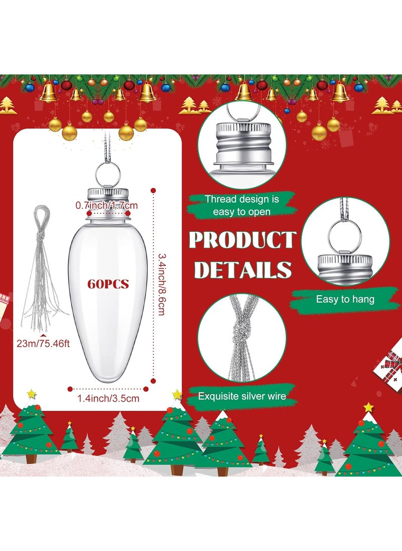Nuenen 60 Pcs Christmas Clear Plastic Bulb Shape Ornaments Fillable DIY Light Bulb Clear Christmas Ornaments Fillable Ornaments Empty Lightbulbs with 2 Pcs Silver Rope and for Candy DIY Craft Tree Decor  - Image 2
