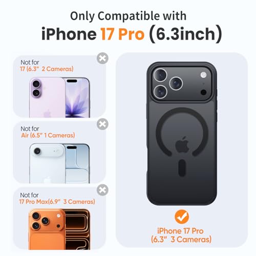 Yriklso 3 in 1 Strong Magnetic Case for iPhone 17 Pro,1X Screen Protector +1X Camera Lens, Protective Shockproof Cover,Phone Case for iPhone 17 Pro 6.3" Matte Black - Image 2