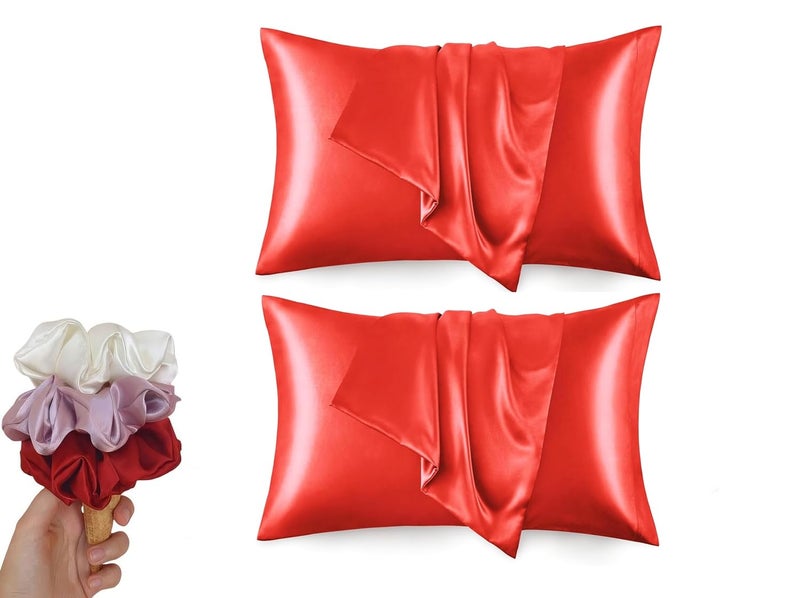Armoxa Satin Pillow Covers for a Night Sleep Set of 2 Pillowcases Set of 2 with 3 Free Silk scrunches Satin Pillowcase for Hair Skin Reduce Frizz Wrinkles