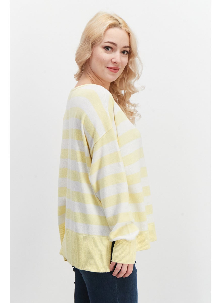 EDC - Women Boat Neck Stripe Sweater, Yellow - Image 1