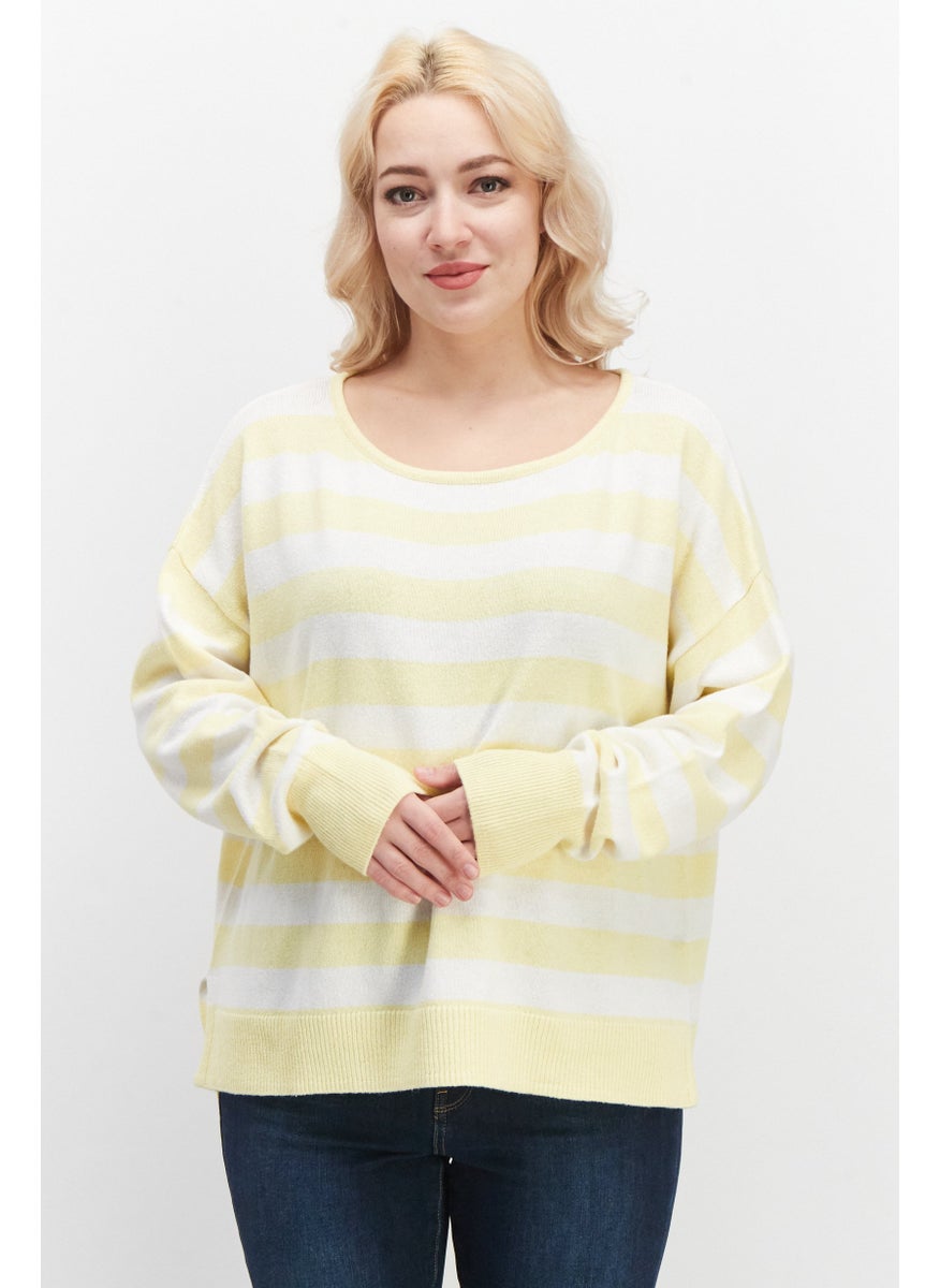 EDC - Women Boat Neck Stripe Sweater, Yellow - Image 1