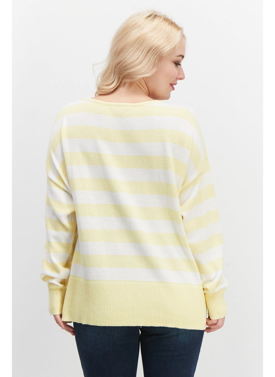 EDC - Women Boat Neck Stripe Sweater, Yellow - Image 1