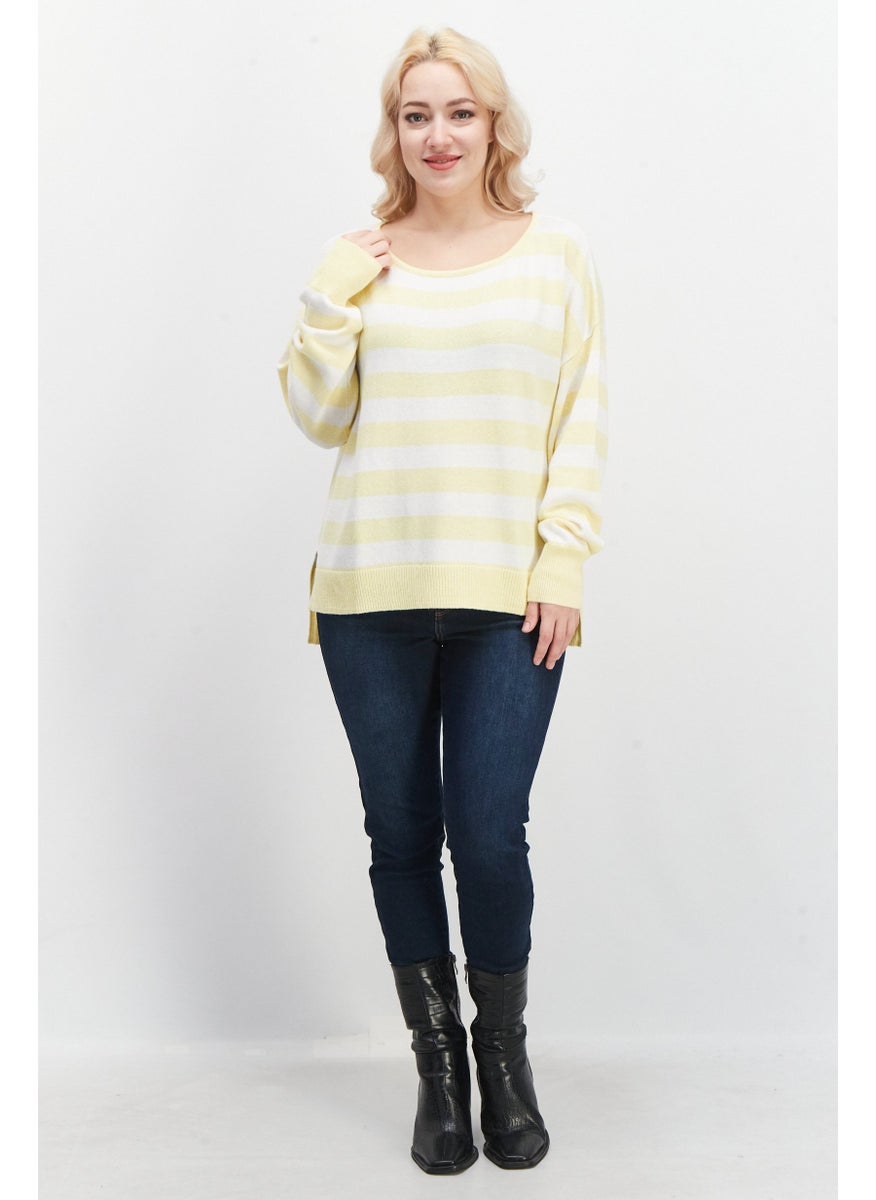 EDC - Women Boat Neck Stripe Sweater, Yellow - Image 1