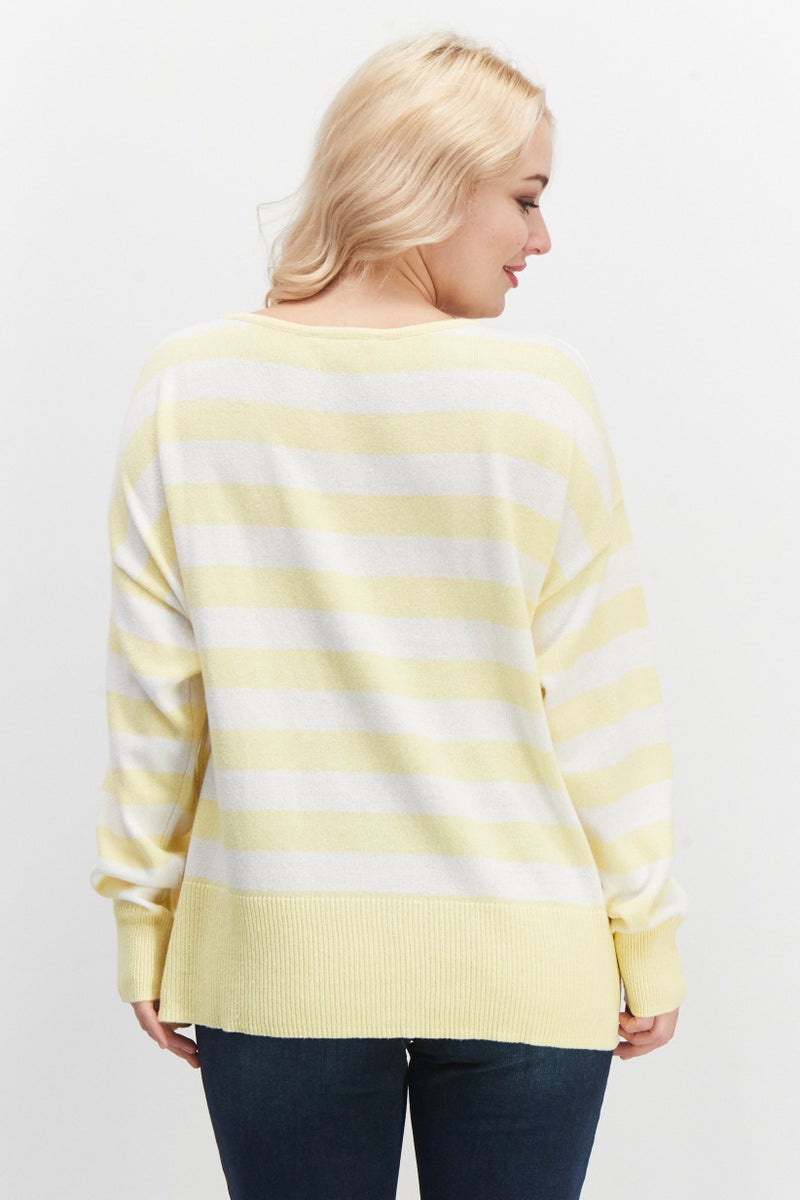 EDC Women Boat Neck Stripe Sweater, Yellow - Image 2